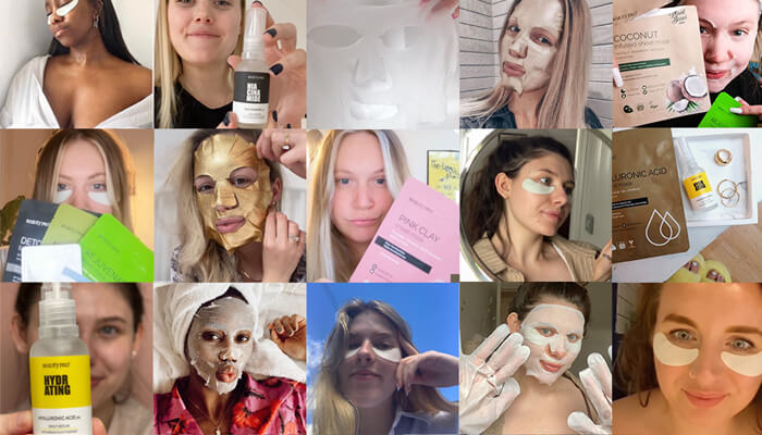 A collage of photos of customers using their sheet and eye masks.