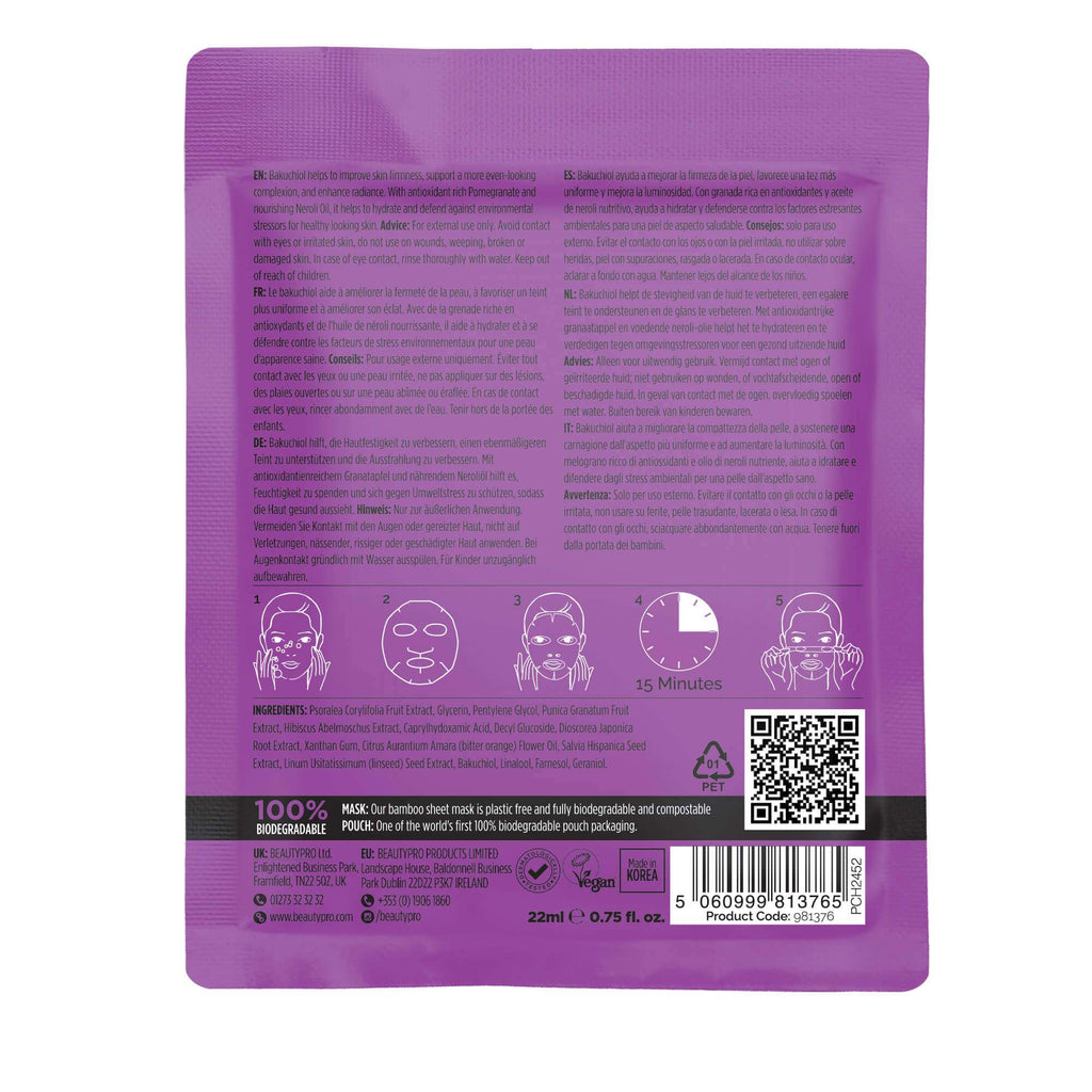 Purple package with text and icons on a white background