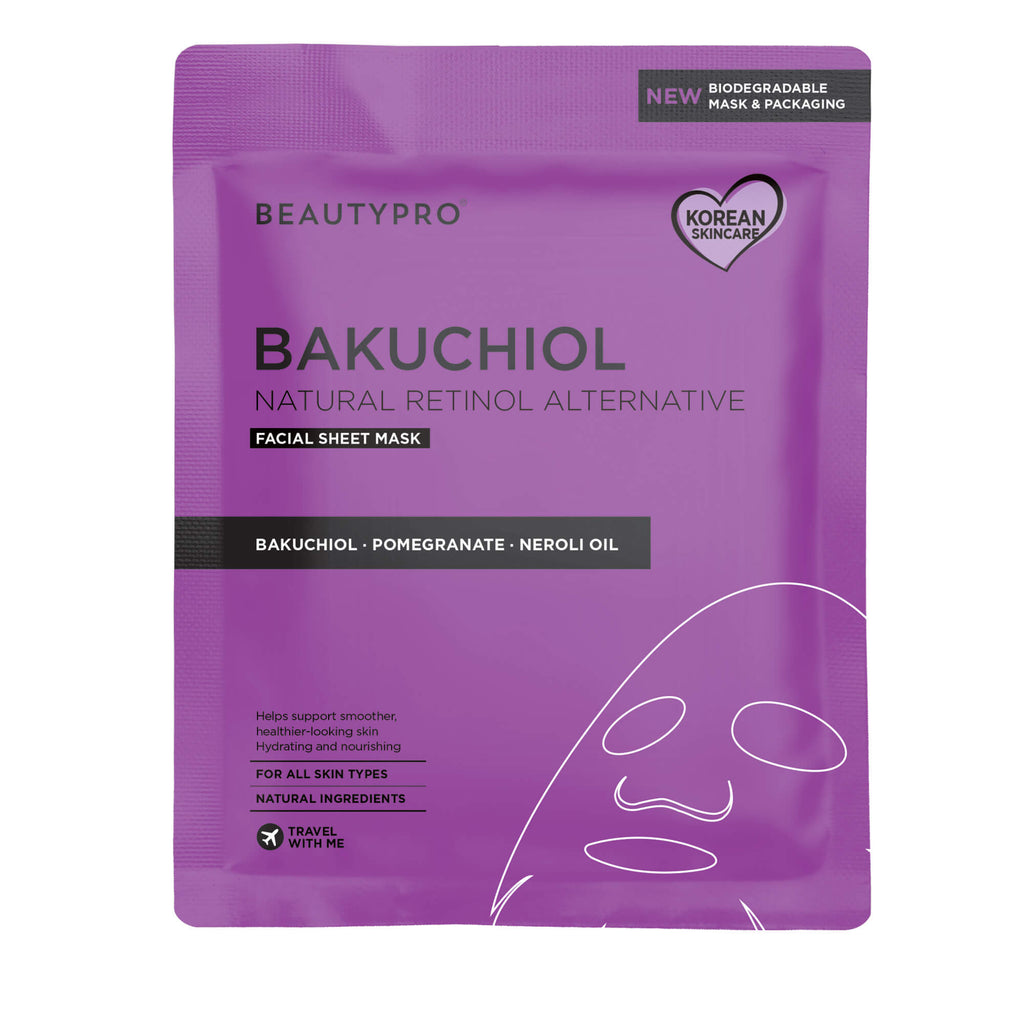 Purple Bakuchiol facial sheet mask packaging with 'BeautyPro' branding on a white background